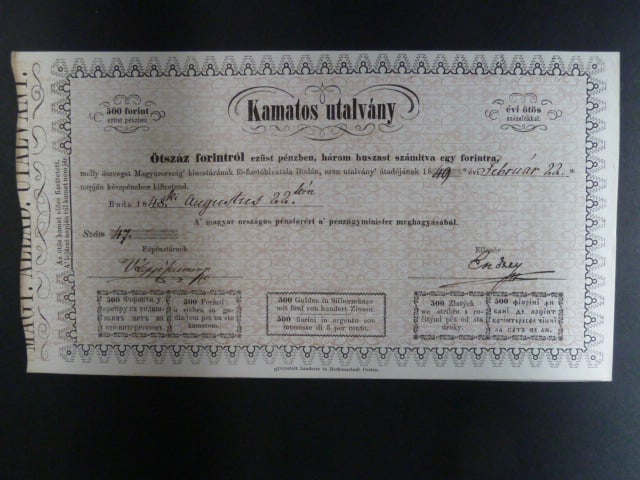 500 Forint / Gulden 22.8.1848 do 22.2.1849, platnost 6 měsíců, Ri. 402, neperforovaný, vzácný, krásný stav