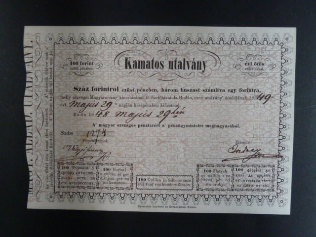 100 Forint / Gulden 29.5.1848 do 29.5.1849 platnost 12 měsíců, Ri. 404, neperforovaný, vzácný, krásný stav