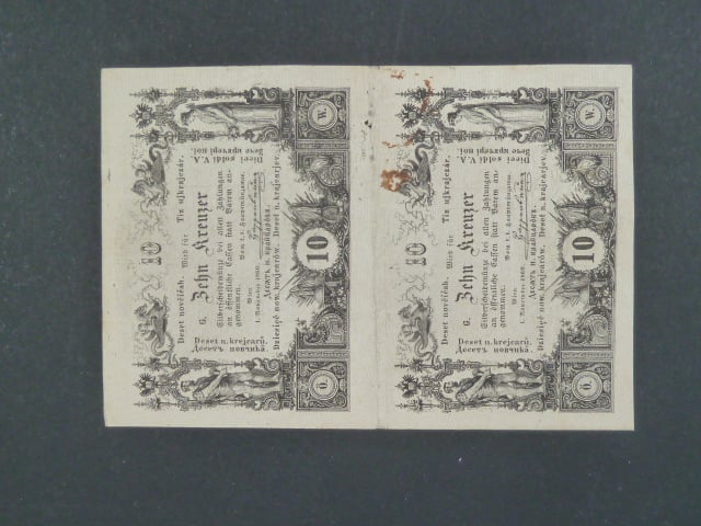 20 Kr (2x10 Kr) 1.11.1860 série G, svislá dvoupáska, průsvitka "REAL -"