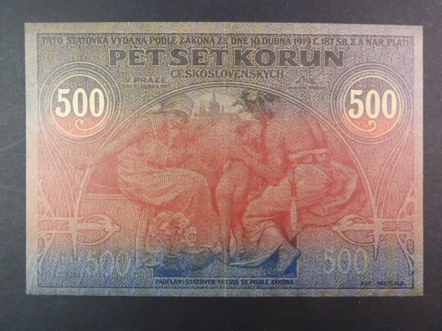 500 Kč 1919, sběratelská kopie ČNS pobočky papírová platidla, oboustranná