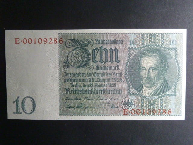 Německo, 10 RM 1929 série E, válečné vydání, Ba. D2d, červený číslovač