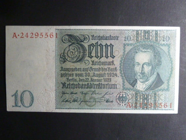 Německo, 10 RM 1929 série A, mírové vydání, podtiskové písmeno G, Ba. D2b
