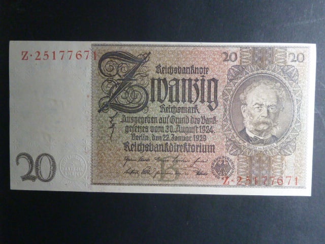 Německo, 20 RM 1929 série Z, mírové vydání, podtiskové písmeno B, Ba. D3b