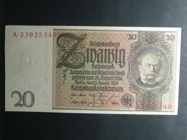 Německo, 20 RM 1929 série A, mírové vydání, podtiskové písmeno B, Ba. D3b