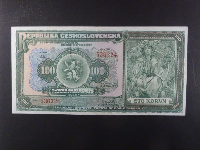 100 Kč 14.1.1920 série Ak, Ba. 16b, Pi. 17a, na A nepatrná šmouha od černé barvy