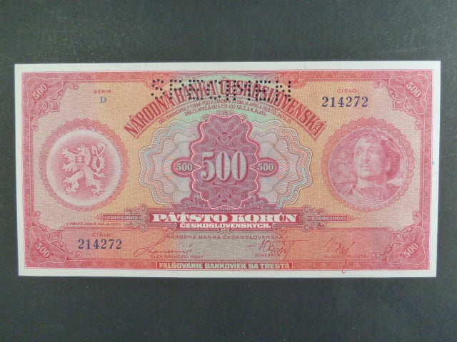 500 Kč 2.5.1929 série D, 1x perf. SPECIMEN
