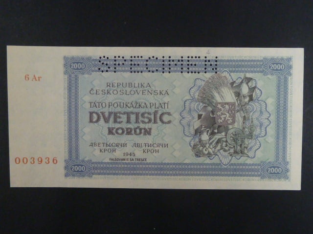 2000 K 1945 série 6Ar, perf. SPECIMEN nahoře, poloha vodoznaku A