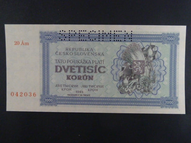 2000 K 1945 série 20Ám nahoře, perf. SPECIMEN, poloha vodoznaku C