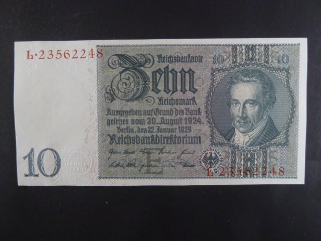 Německo, 10 RM 1929 série L, mírové vydání, podtiskové písmeno E, Ba. D2b