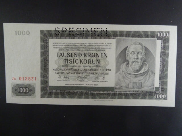 1000 K 24.10.1942 série Jc, III. vydání, perf. SPECIMEN
