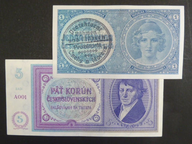1 K + 5 K 1938, ruční přetisk, obě série A 001