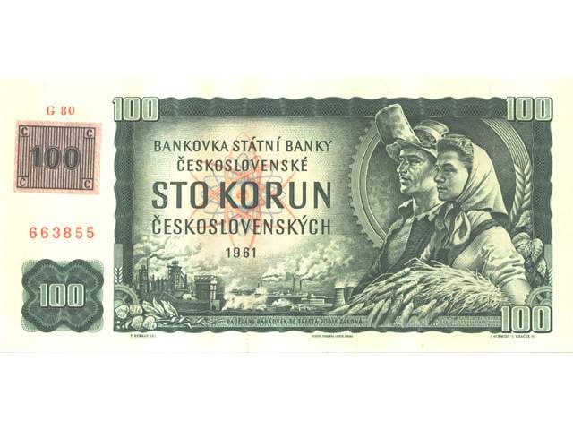 100 Kč 1961 s. G II, kolek, Baj. CZ 1e, Pi. 1