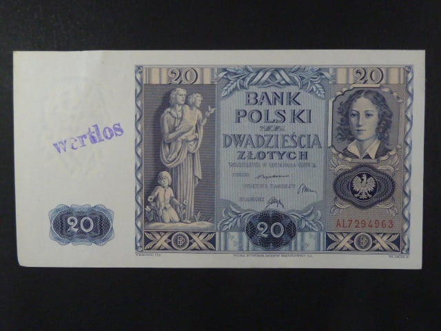 Polsko, 20 Zl 1936 série AL, rez "wertlos"