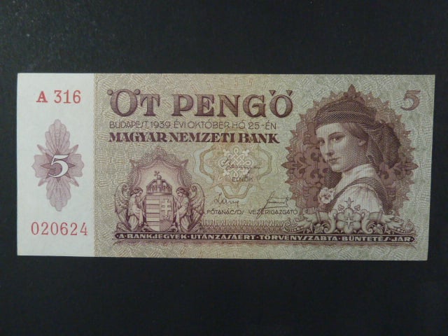 Maďarsko, 5 Pengö 25.10.1939 série A 316, Pi. 106, Ba. H4