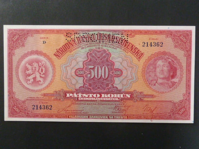 500 Kč 2.5.1929  série D, 1x perf. SPECIMEN