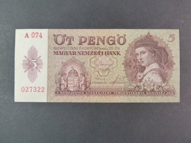 Maďarsko, 5 Pengö 25.10.1939 série A 238, Pi. 106, Ba. H4