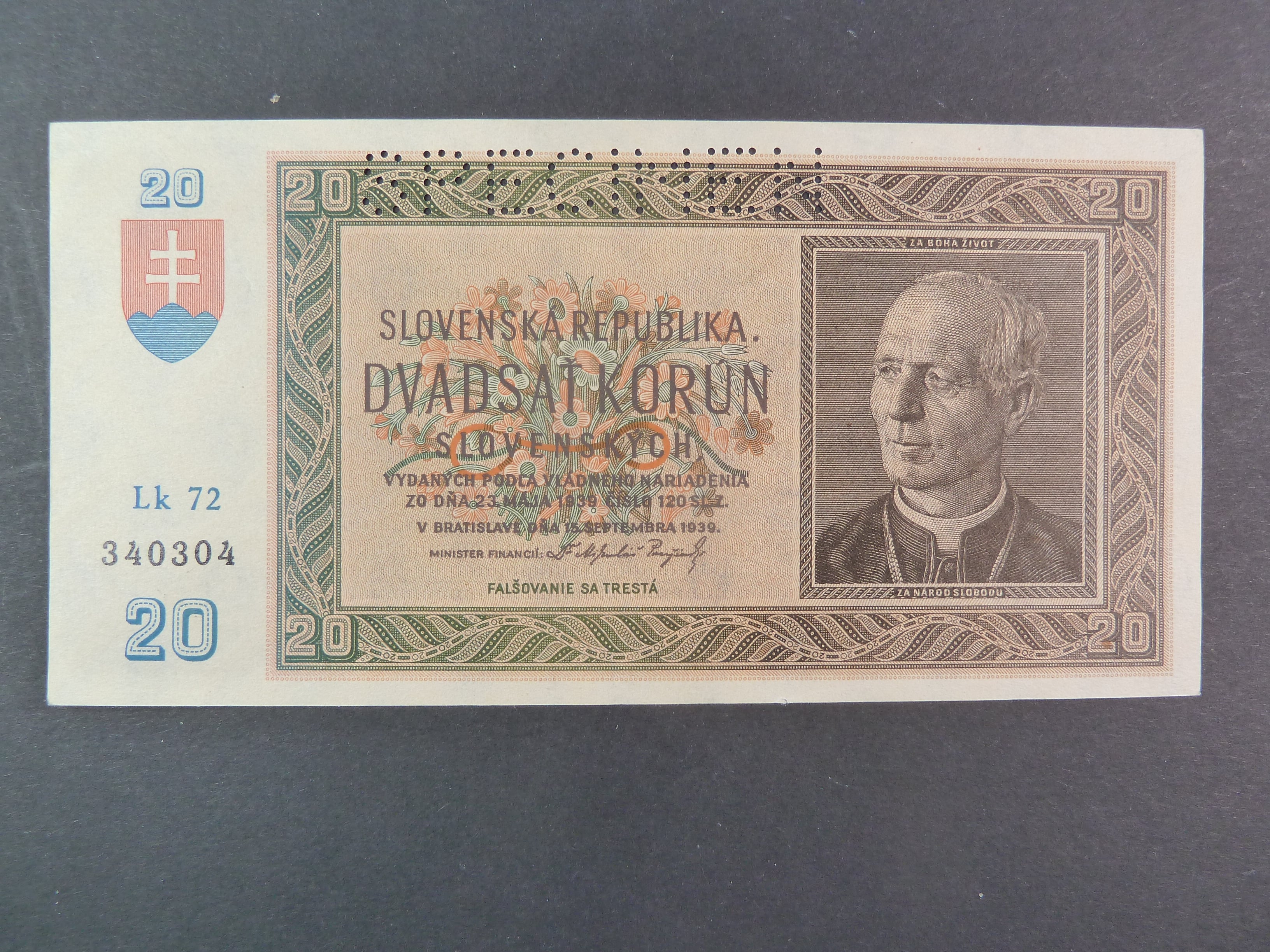 20 Ks 15.9.1939 serie Lk 72, perf. SPECIMEN nahoře