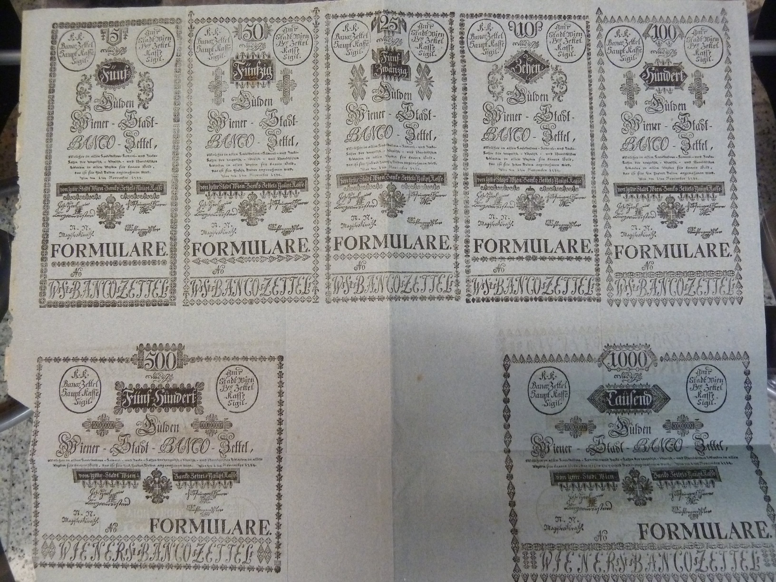 císařský patent Josefa II. z 1.6.1784 k vydání bankocedulí včetně formulářů 5, 10, 25, 50, 100, 500 a 1000 Gulden 1.11.1784, Ri. 16 - 22 Fa