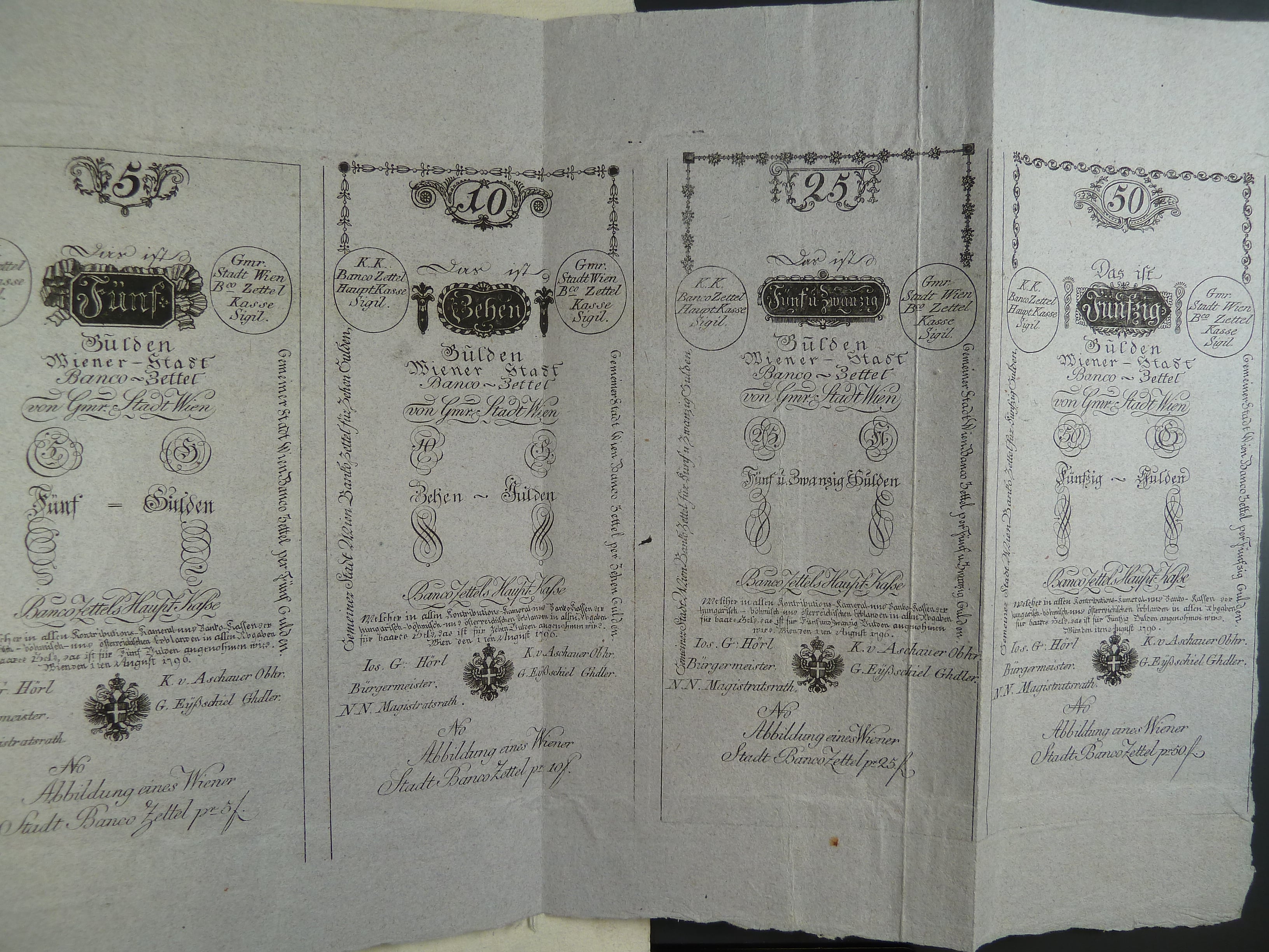císařský patent Františka I. z 19.8.1796 k vydání bankocedulí včetně formulářů 5, 10, 25, 50 / 100, 500 a 1000 Gulden 1.8.1796, Ri. 23 - 29 Fa