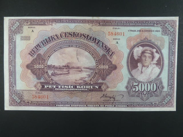 5000 Kč 6.7.1920 série A, neperforovaná, Ba. 17c, Pi. 18a, velmi vzácná