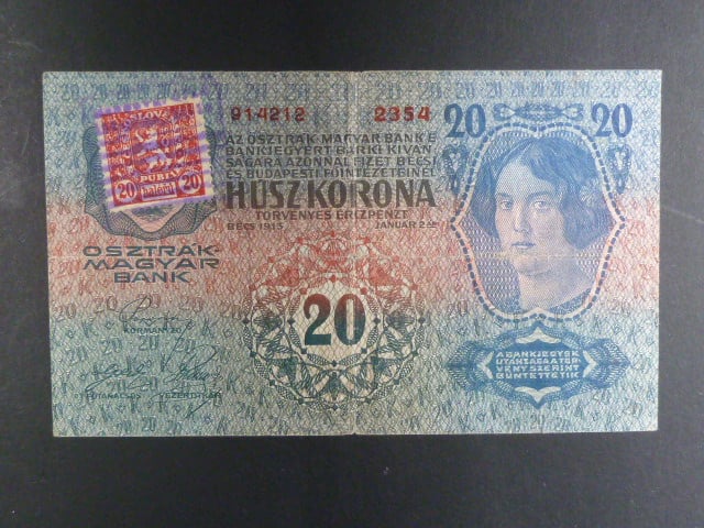 20 K 1913, kolkovaná, I. vydání, padělaný kolek s raz "Bú / Karlových varech..." Da. 7