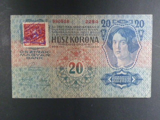 20 K 1913, kolkovaná, I. vydání, padělaný kolek s raz "BÚMF..." Da. 1