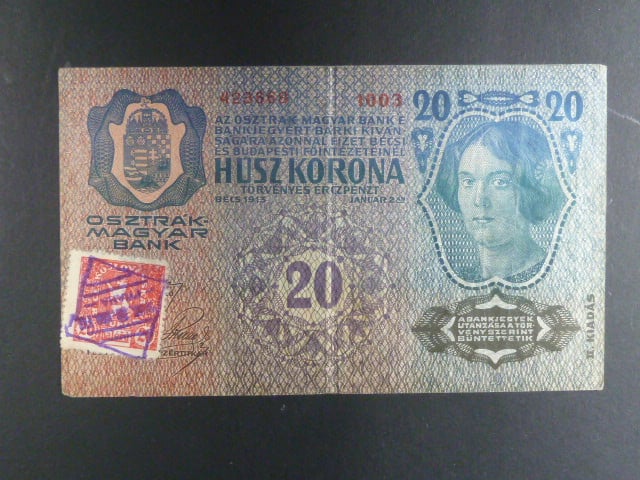 20 K 1913, kolkovaná, II. vydání, padělaný kolek s raz. "BÚMF..." Da. 1
