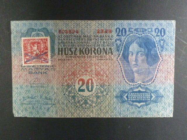 20 K 2.1.1913, Kolkovaná, I. vydání, padělaný kolek se škrtem ink. tužkou