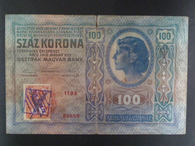 100 K 1912, padělaný kolek s raz. "BÚMF..." Da. 1 + škrt ink. tužkou
