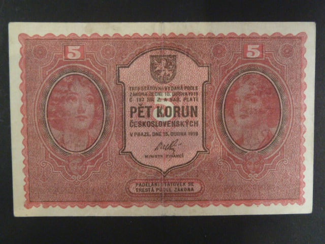 5 Kč 15. 4. 1919 série 0052 bez tečky za Č
