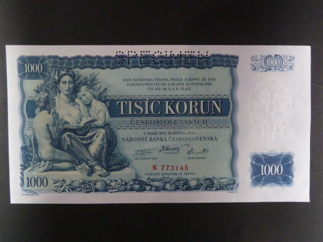 1000 Kč 25.5.1934, série K, 1x perf. SPECIMEN