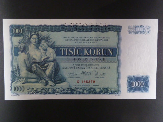 1000 Kč 25.5.1934, série G, 1x perf. SPECIMEN