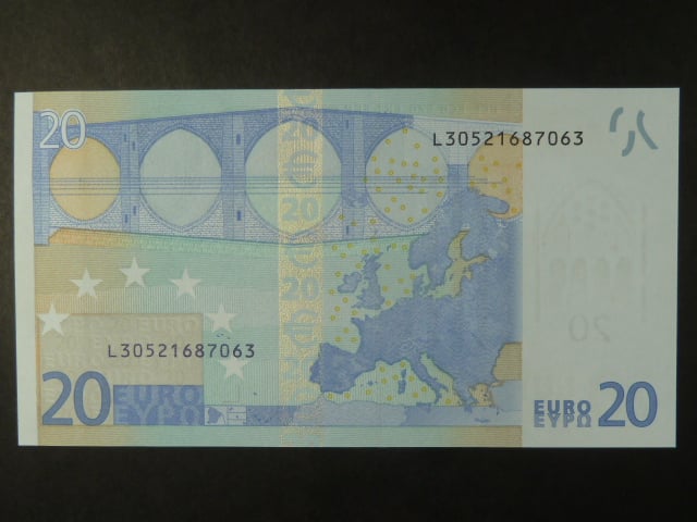 20 Euro 2002 s.L, Finsko, podpis Jeana-Clauda Tricheta, E006 tiskárna F. C. Oberthur, Francie