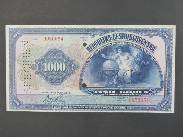 1000 Kč 15.4.1919 serie D bankovní vzor s per. NEPLATNÉ + SPECIMEN + 2x perf. otvor, Ba.14, Pi. 13s, Ka. 8g