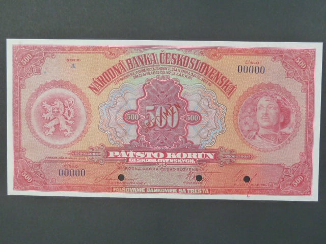 500 Kč 2.5.1929 série A var. "MAJA", anulát s červeným přetiskem SPECIMEN + 3x perf. otvor, Ba. 23sa, Pi. 24s