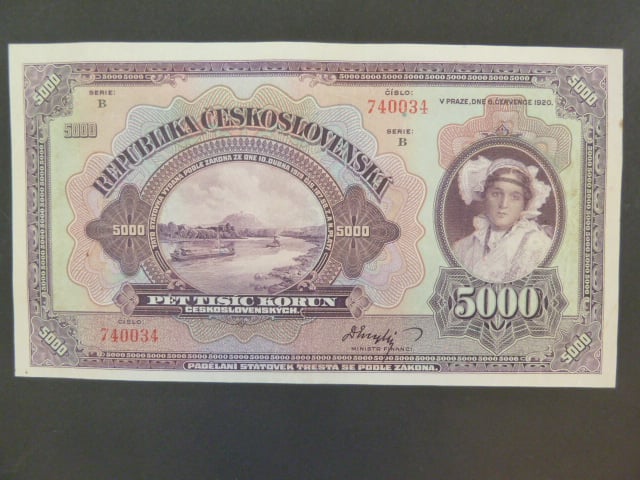 5000 Kč 6.7.1920 série B, neperforovaná, Ba. 17c, Pi. 18a, nejvzácnější neperf. série
