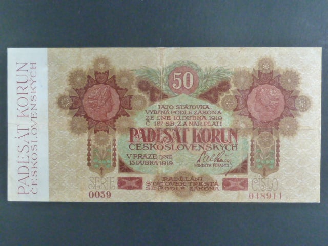 50 Kč 15.4.1919 série 0059 úzké číslice, odborně reparovaná