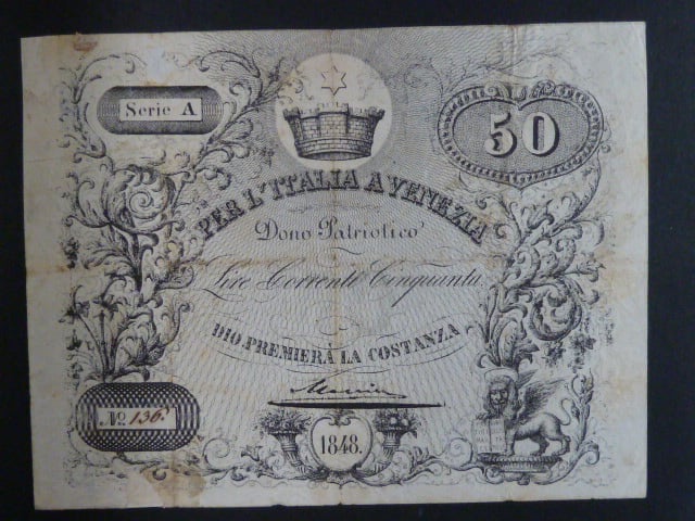 Lombardsko - Benátsko, 50 Lire correnti 1848 - darovací poukázky, Dono Patriotico, Ri. 515
