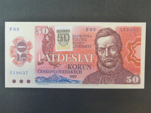 50 Sk/Kčs 1987 s. F 63 kolkovaná, sériová čísla dál od sebe, Baj. SK2a