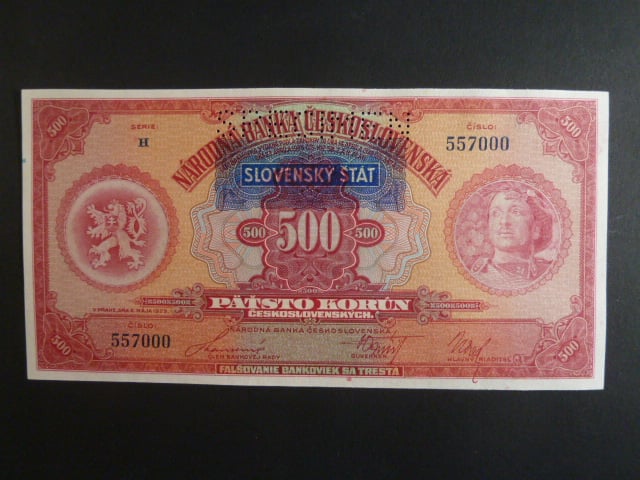 500 Ks 2.5.1929 s pretiskem, serie H, perf. 1x SPECIMEN nahoře