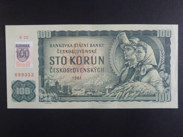 100 Sk/Kčs 1961 s. R 22, kolkovaná číslovač 1a, Baj. SK 3b3, Pi. 17