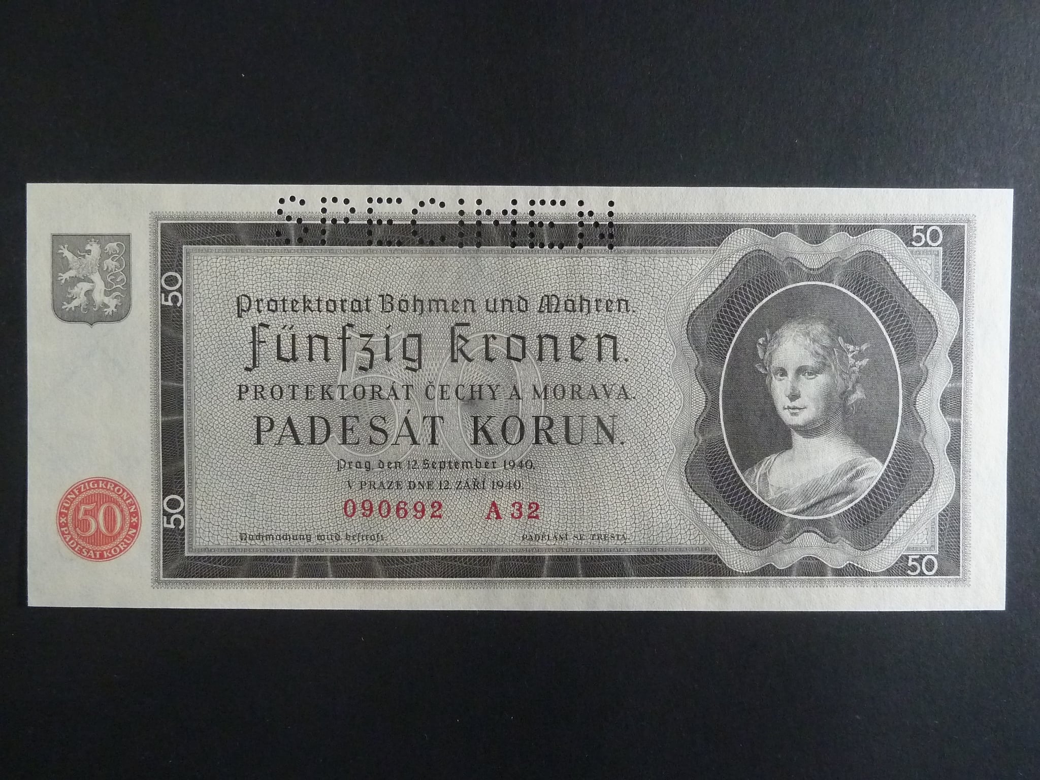 50 K 12.9.1940 série A 32, perforace SPECIMEN