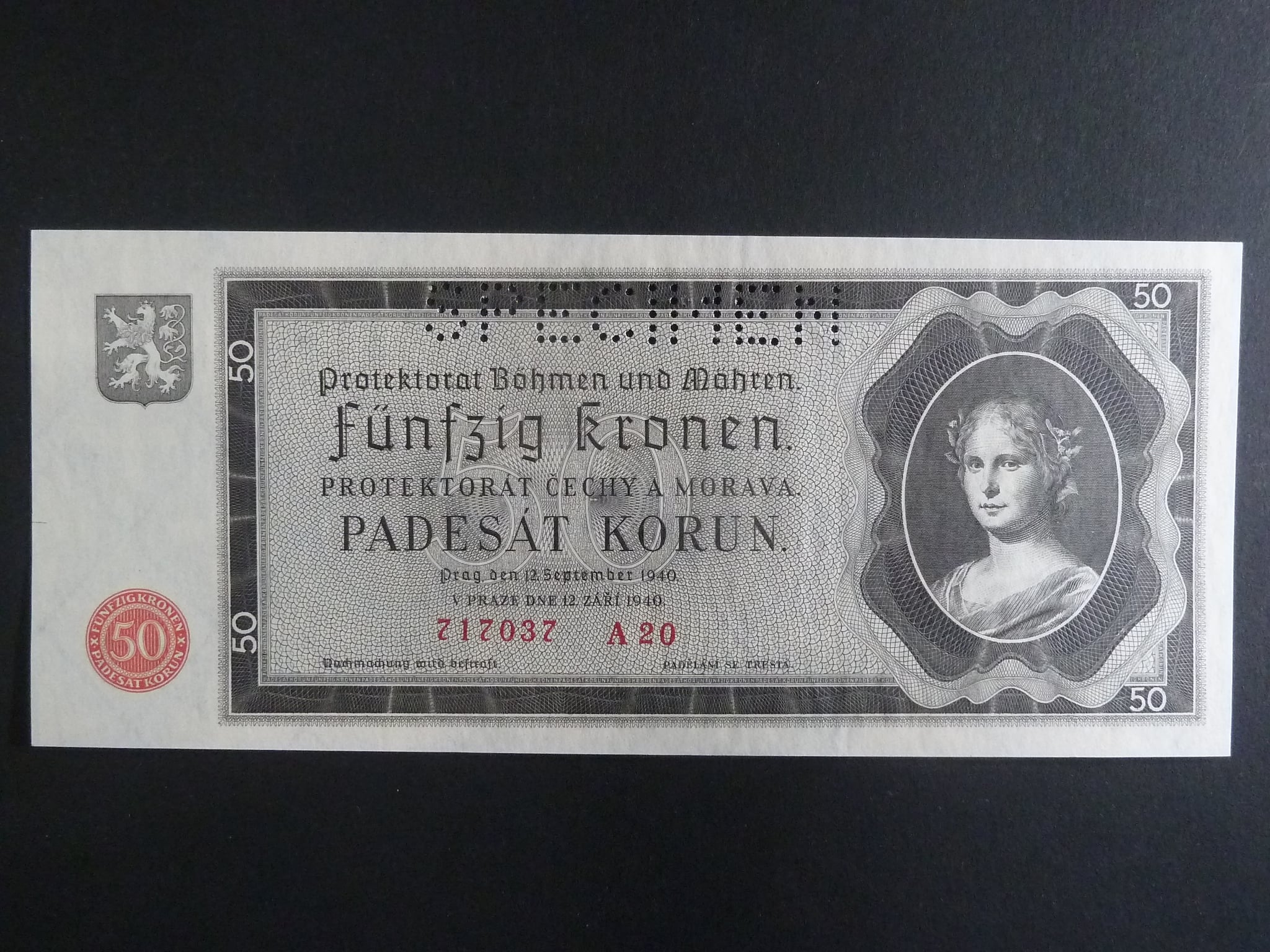 50 K 12.9.1940 série A 20, perforace SPECIMEN