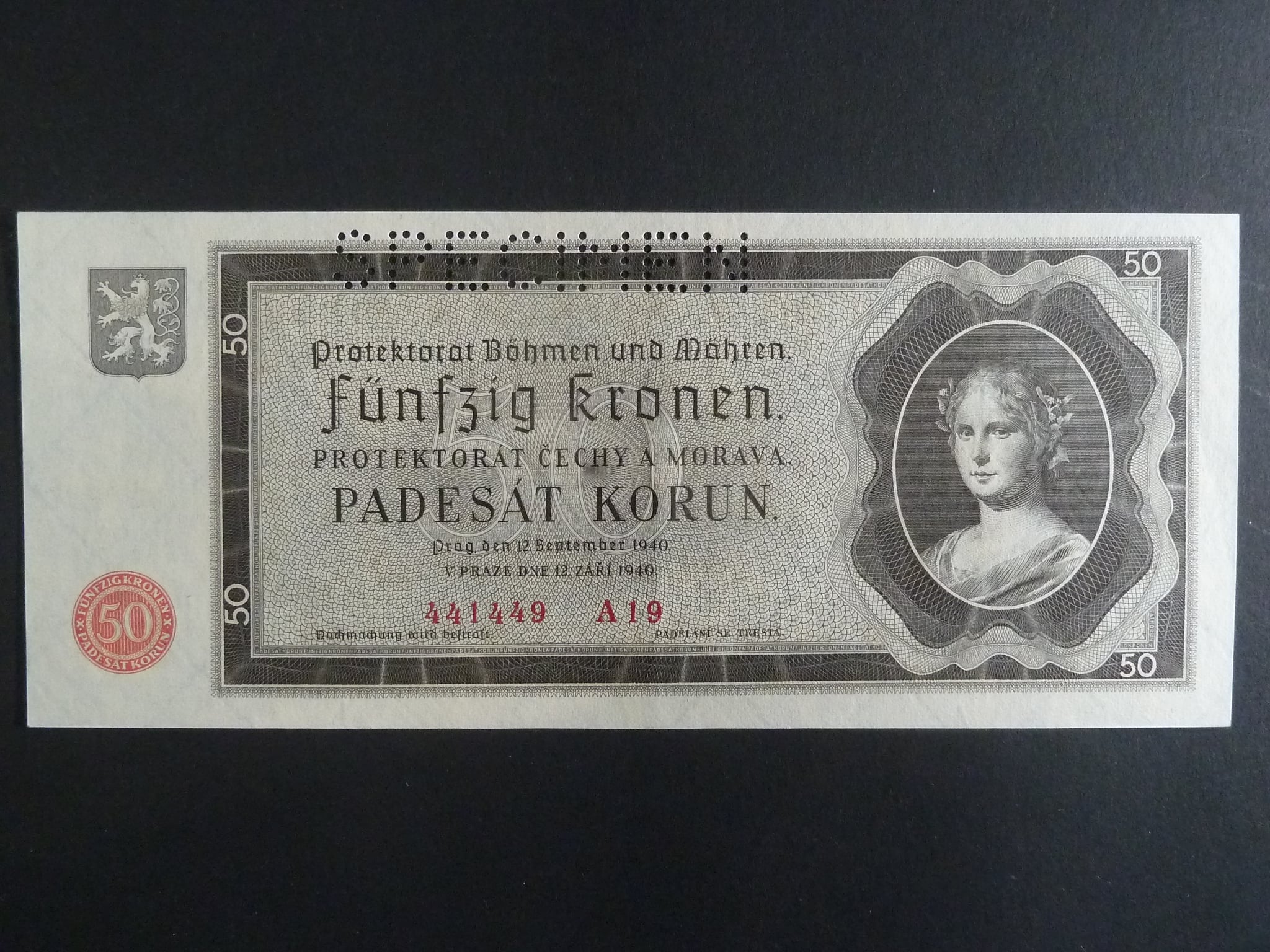 50 K 12.9.1940 série A 19, perforace SPECIMEN