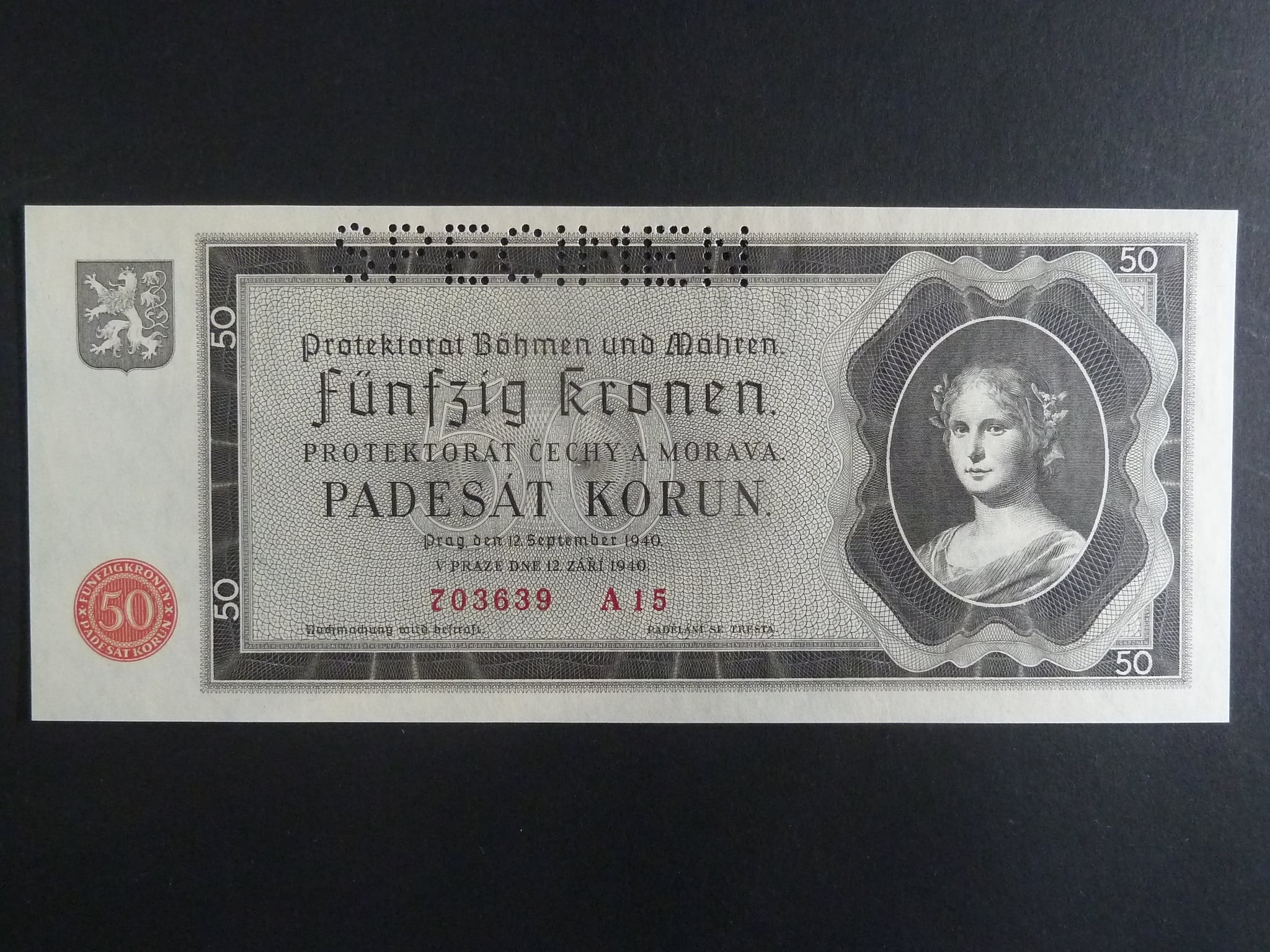 50 K 12.9.1940 série A 15, perforace SPECIMEN