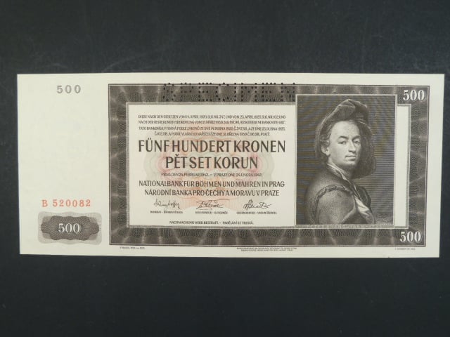 500 K 24.2.1942, I. vydání, série B, perf. SPECIMEN