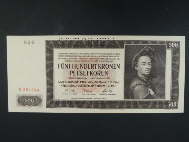 500 K 24.2.1942, I. vydání, série F, perf. SPECIMEN