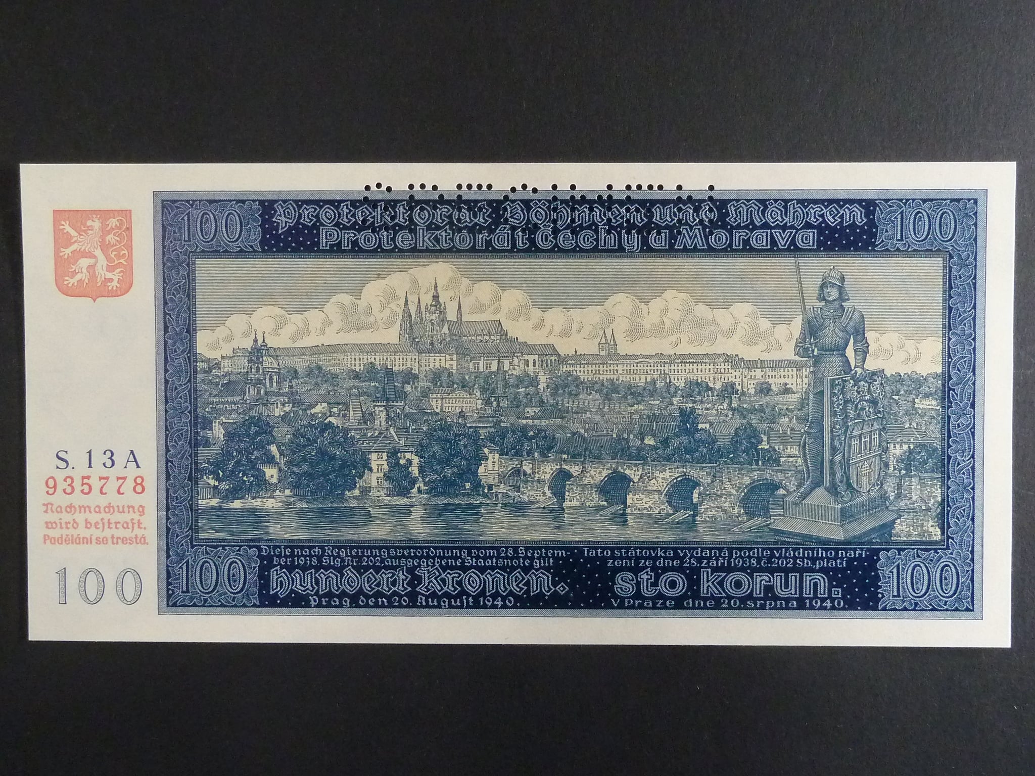 100 K 1940, série 13 A I. vydání, perf. SPECIMEN