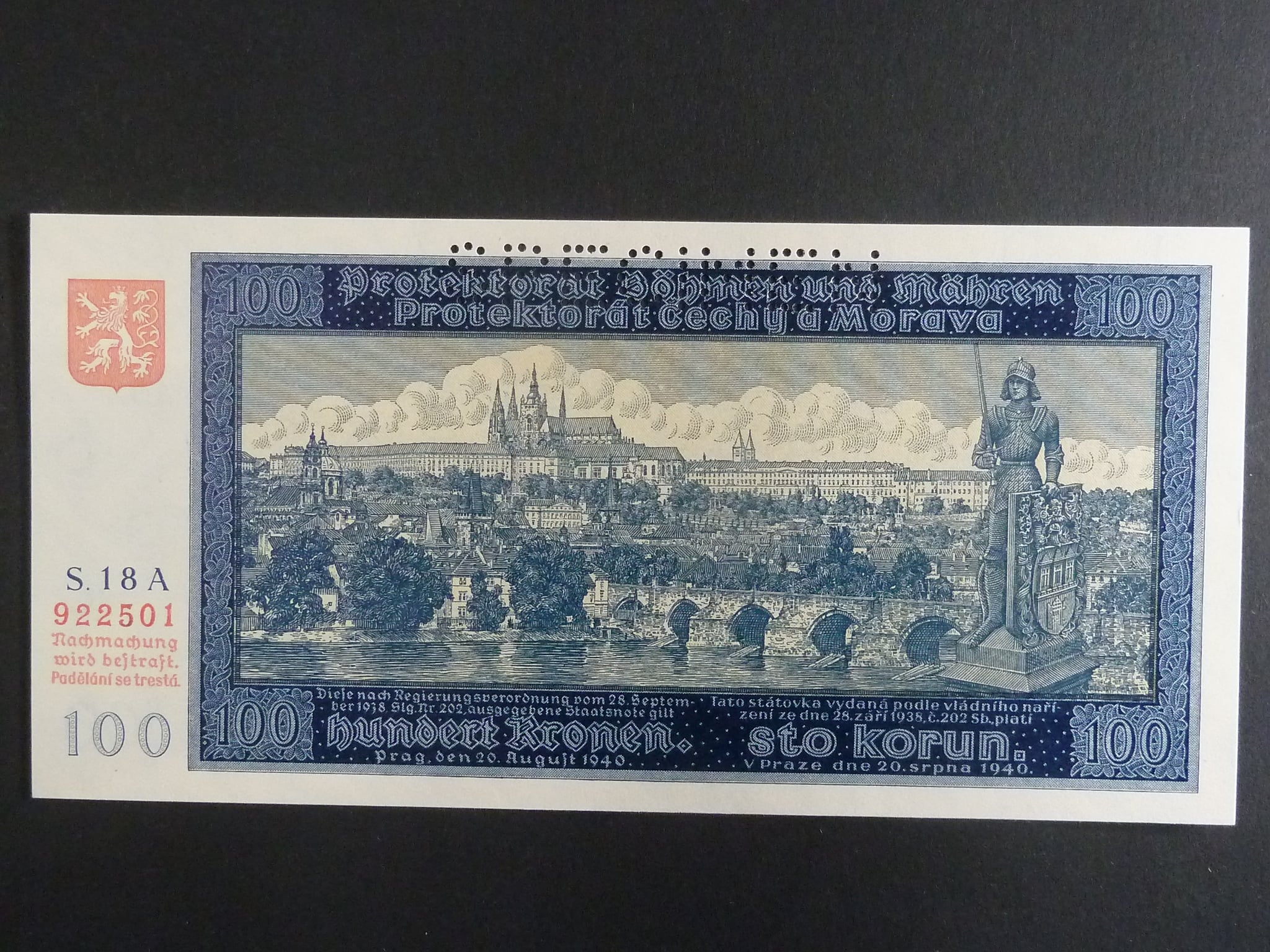 100 K 1940, série 18 A I. vydání, perf. SPECIMEN