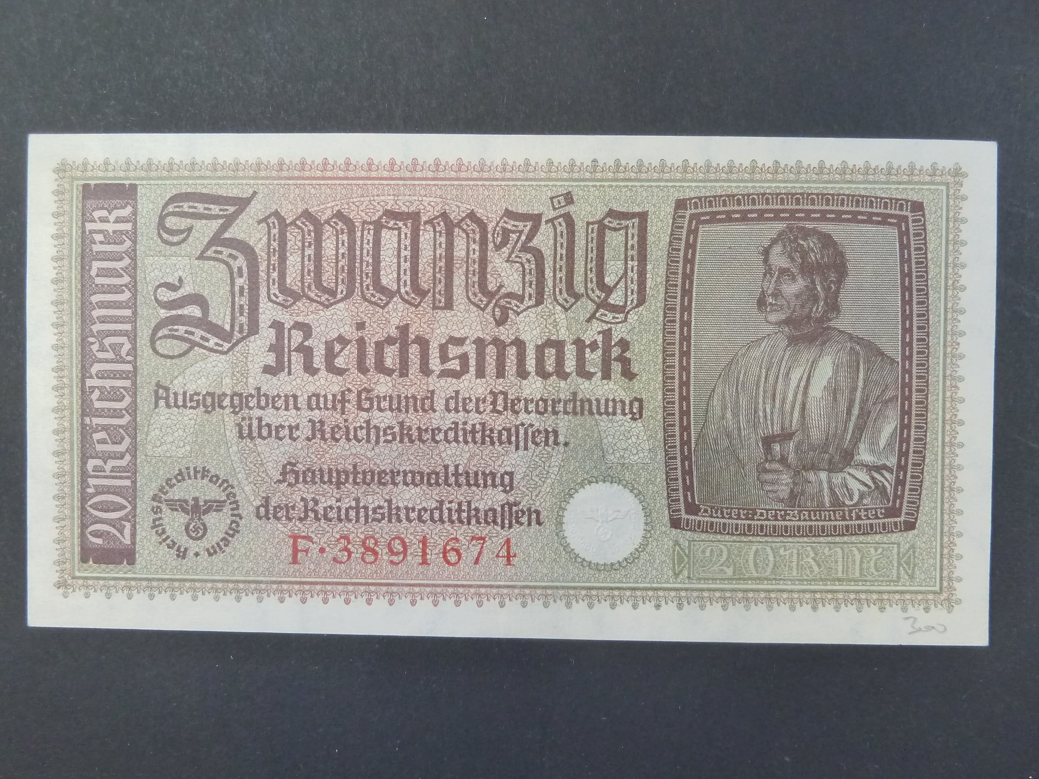 vydání pro obsazené území 1939-45, 20 Reichsmark b.d. série F, Ros. ZWK-5a
